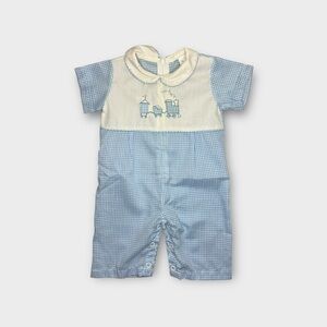 Alexis Vintage Blue & White Gingham Plaid Train Romper